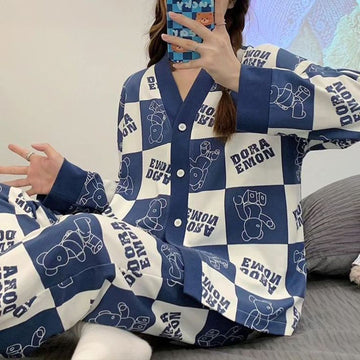 White with Blue Doraemon Printed V-Neck Button Printed PJ Set For Her