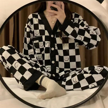 Off White with Black Cheq Smiley Printed V-Neck Button Printed PJ Set For Her