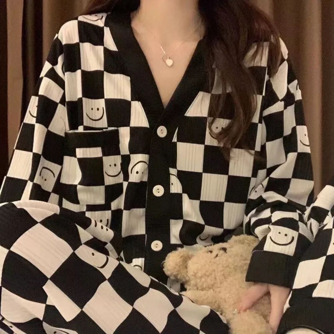 Off White with Black Cheq Smiley Printed V-Neck Button Printed PJ Set For Her