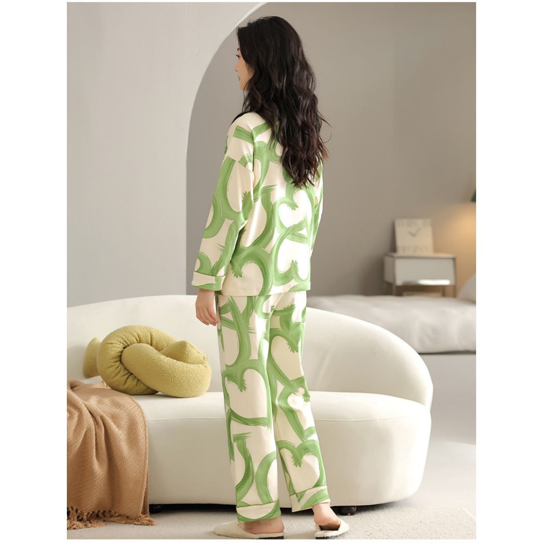 Off White with Green Hearts Printed V-Neck Button Printed PJ Set For Her