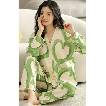 Off White with Green Hearts Printed V-Neck Button Printed PJ Set For Her