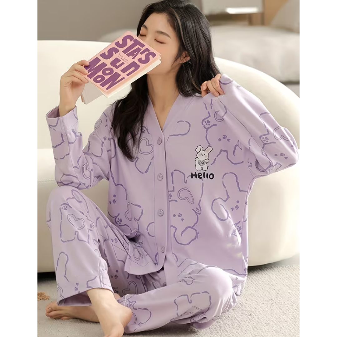 Lilac Love Bunny Printed V-Neck Button Printed PJ Set For Her