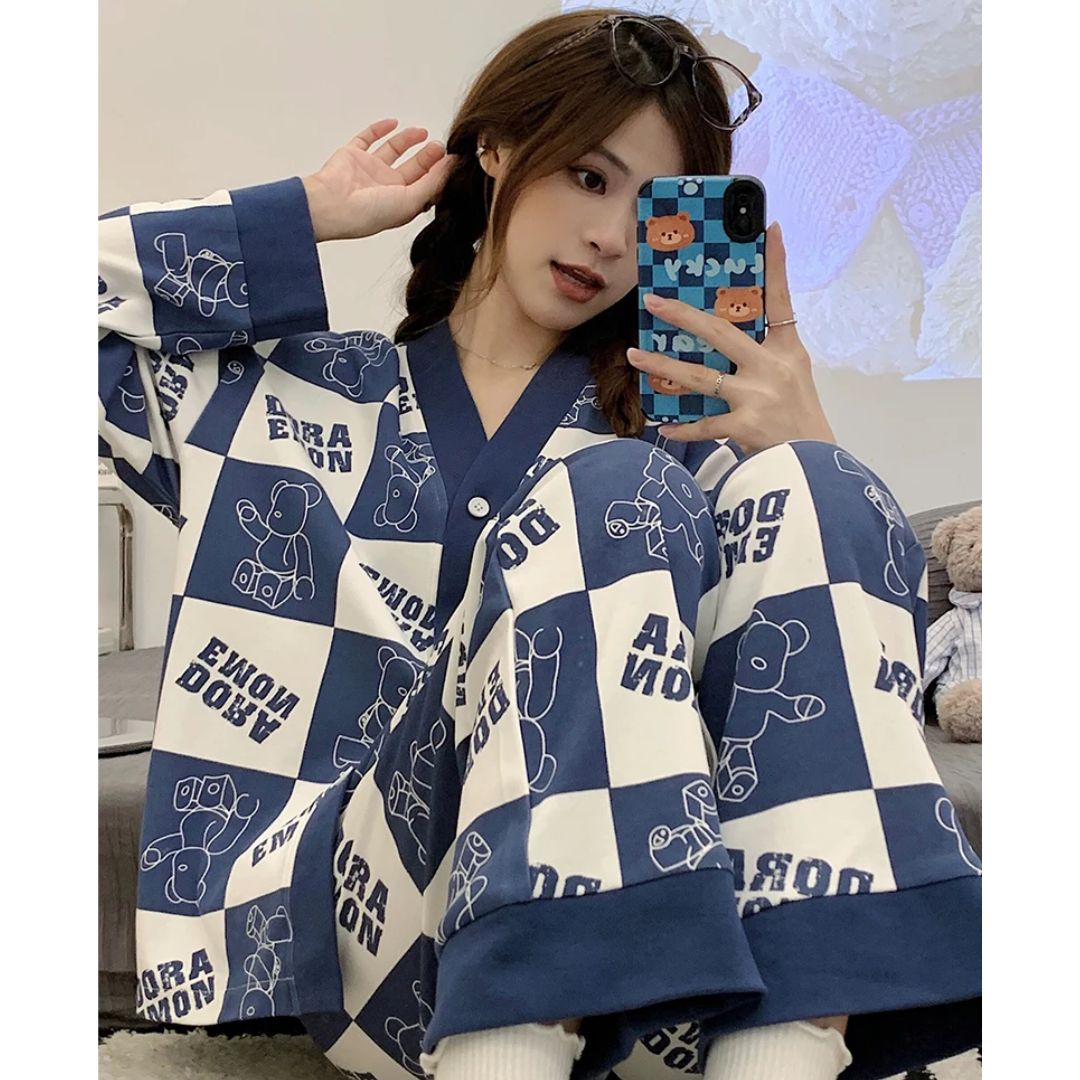 White with Blue Doraemon Printed V-Neck Button Printed PJ Set For Her
