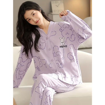 Lilac Love Bunny Printed V-Neck Button Printed PJ Set For Her