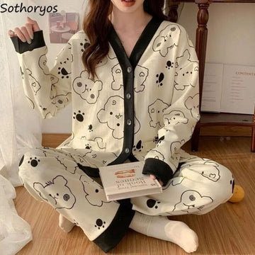 Off White with Black Bears Printed V-Neck Button Printed PJ Set For Her