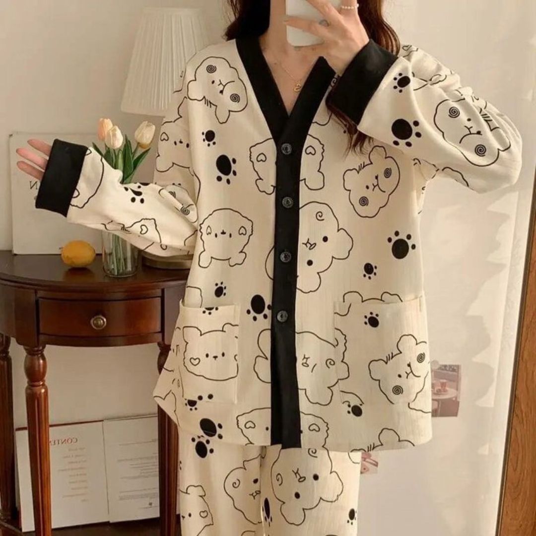 Off White with Black Bears Printed V-Neck Button Printed PJ Set For Her