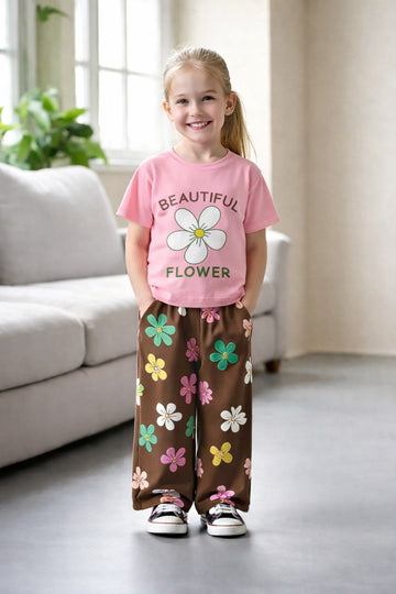 Baby Pink Beautiful Flower Printed Half Sleeves Kids Suit