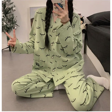 Green Smiley V-Neck Button Printed PJ Set For Her