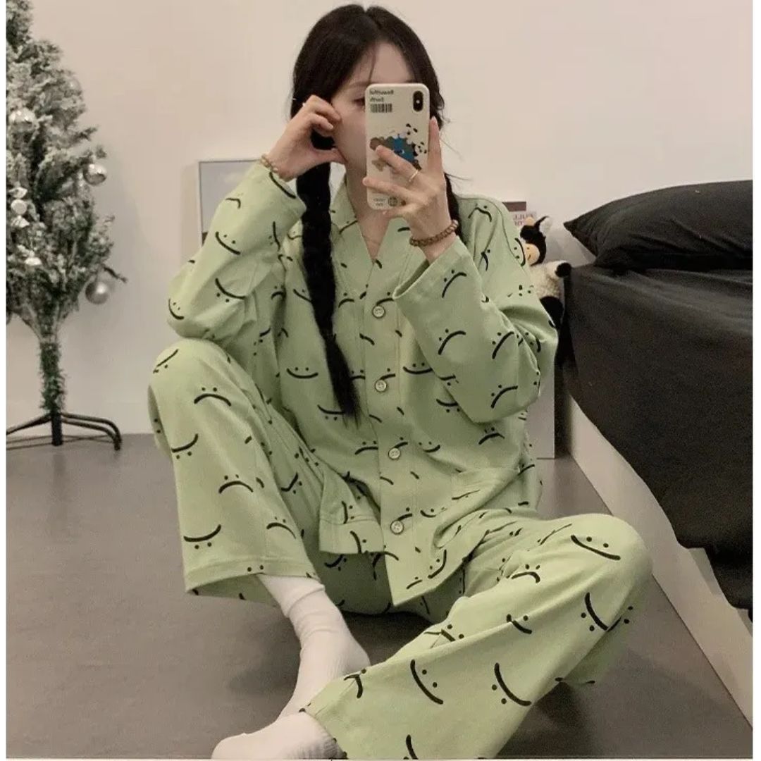 Green Smiley V-Neck Button Printed PJ Set For Her