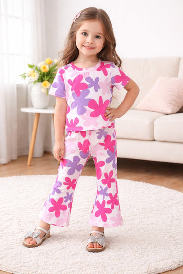Off Whtie Multi Flowers Printed Half Sleeves Kids Suit