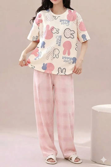 Off White with Pink Multi Rabbit Half Sleeves Printed PJ Set For Her