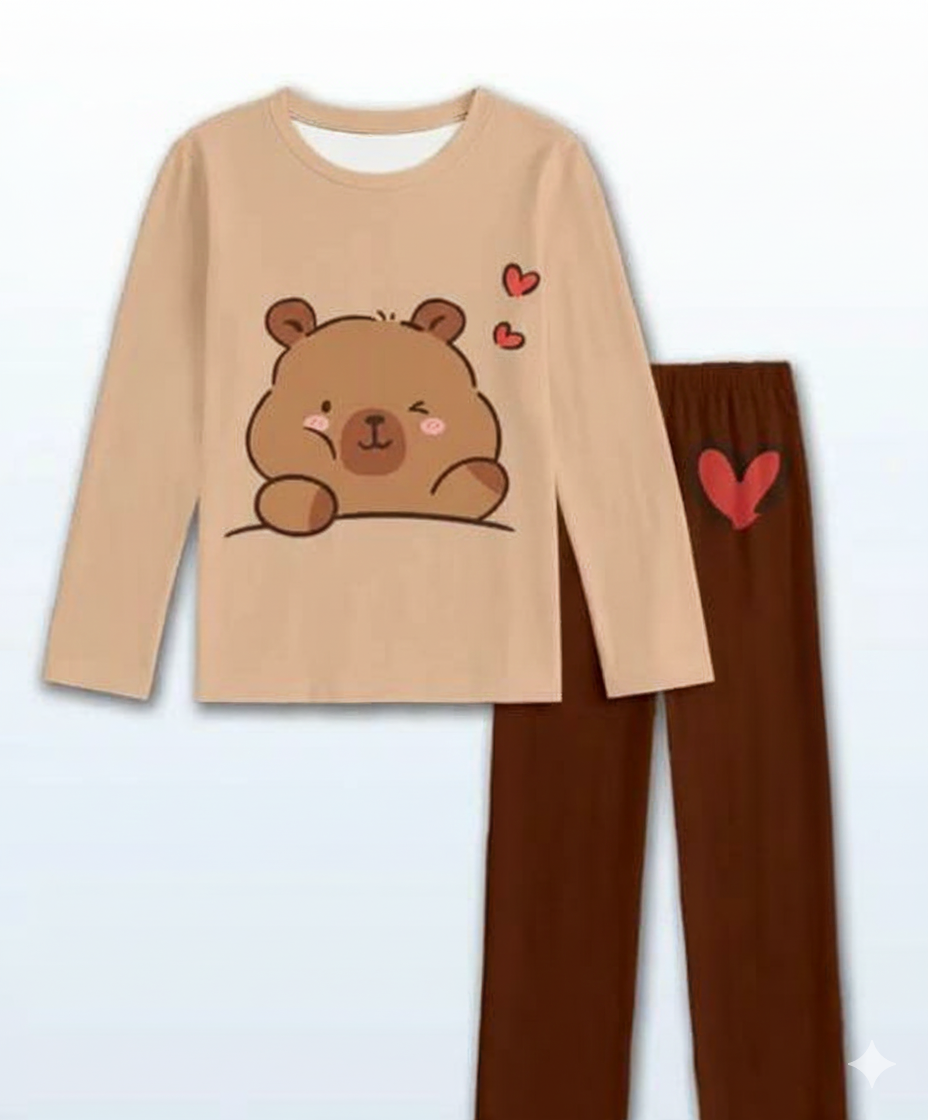 Brown Cute Bear Printed Full Sleeves Kids Suit