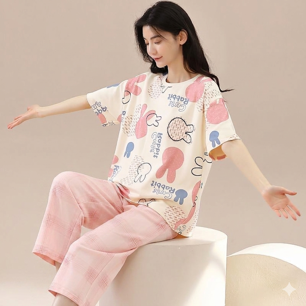 Off White with Pink Multi Rabbit Half Sleeves Printed PJ Set For Her