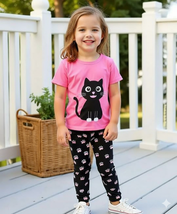 Pink with Black Cat Printed Half Sleeves Kids Suit