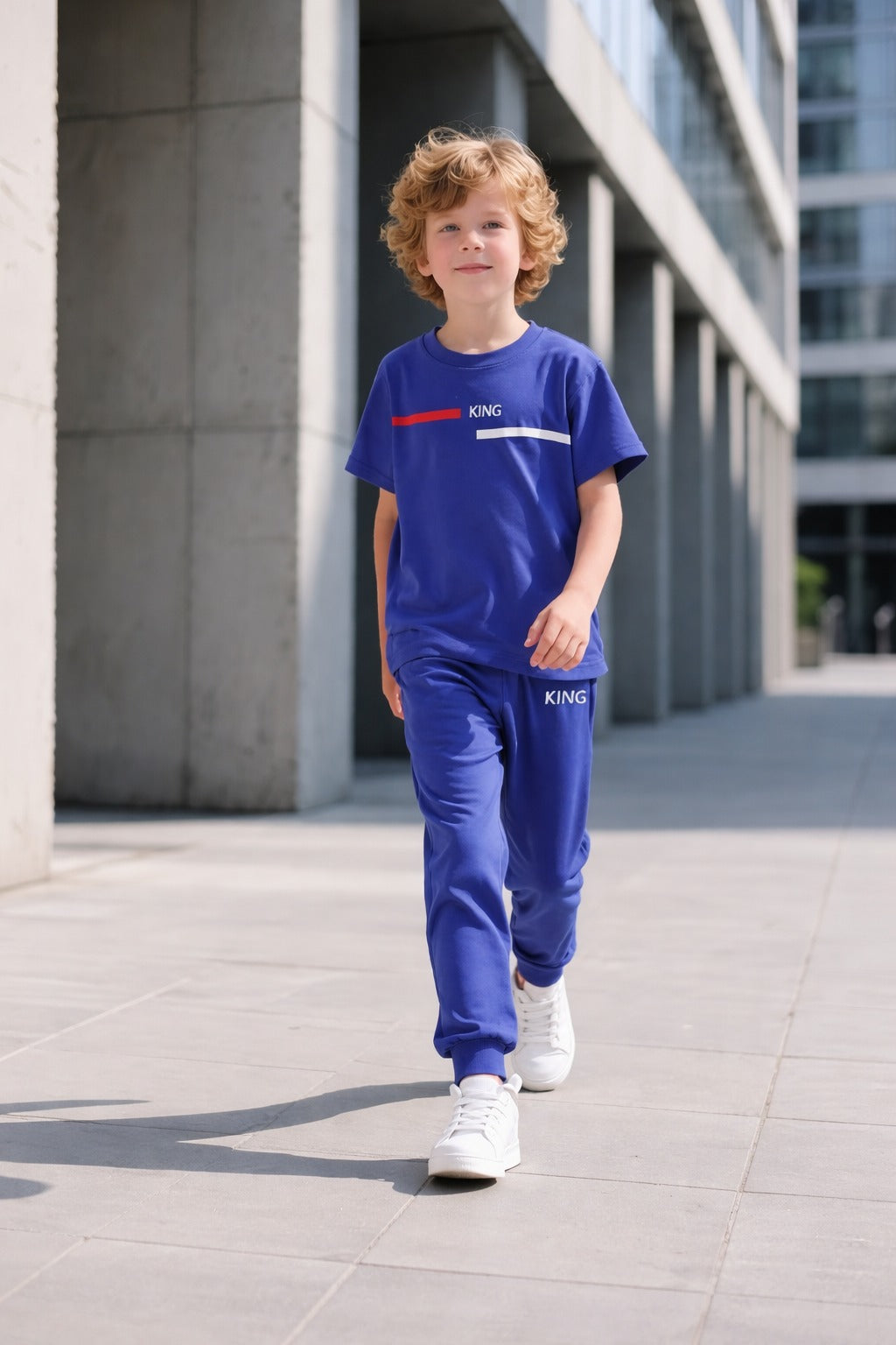 Navy Blue King Printed Half Sleeves Kids Suit