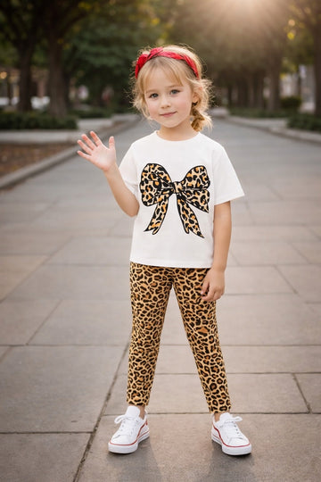 Off White Cheetah Bow Printed Half Sleeves Kids Suit