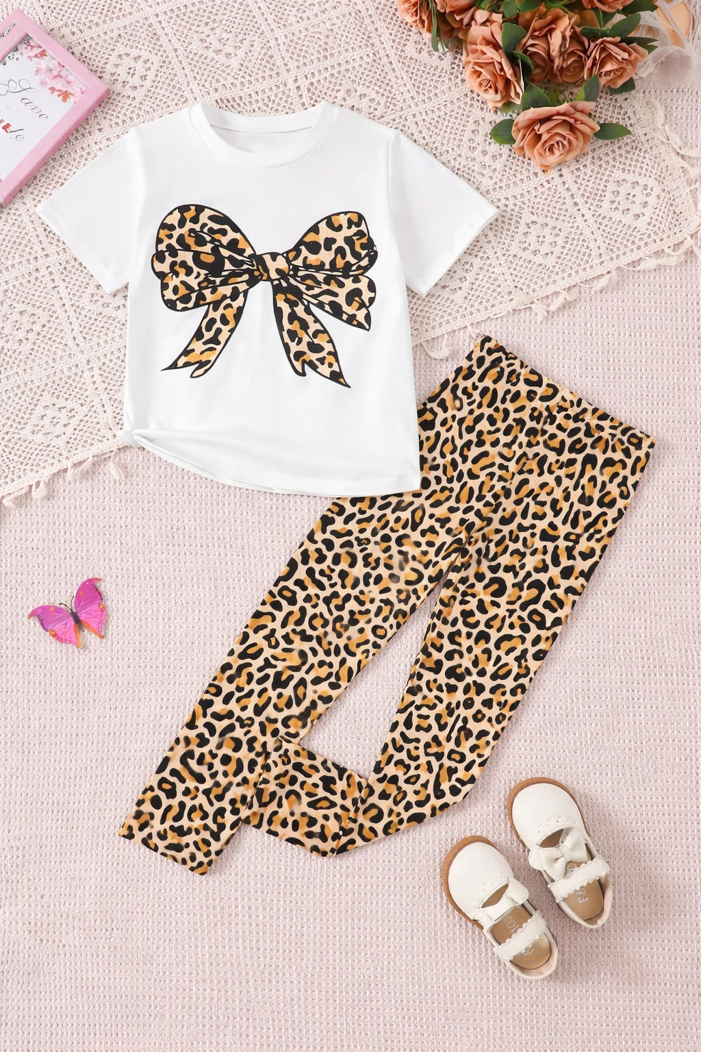 Off White Cheetah Bow Printed Half Sleeves Kids Suit