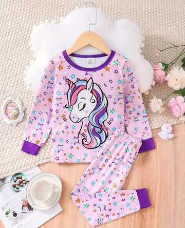 Pink Unicorn with All Over Stars Printed Full Sleeves Kids Suit