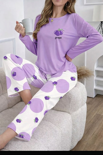 Lilac Grapes Printed Full Sleeves PJ Set For Her