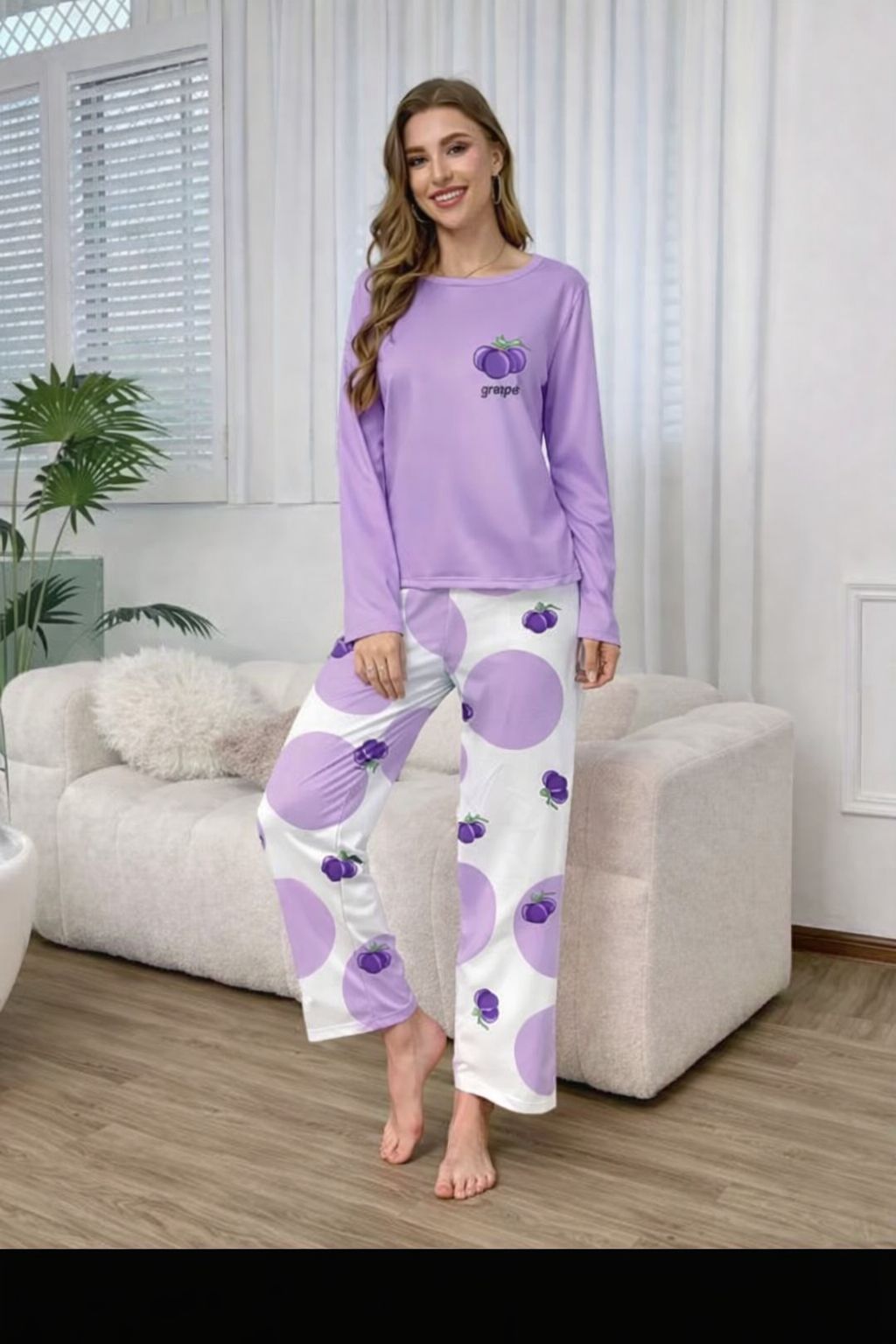 Lilac Grapes Printed Full Sleeves PJ Set For Her