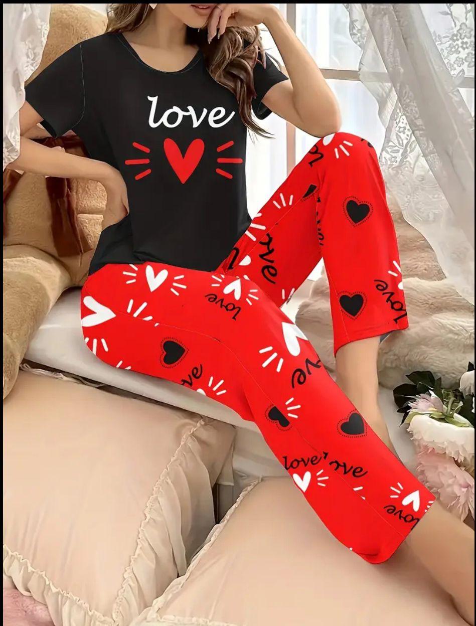 Black Love Heart Printed Half Sleeves with Red Printed PJ Set For Her