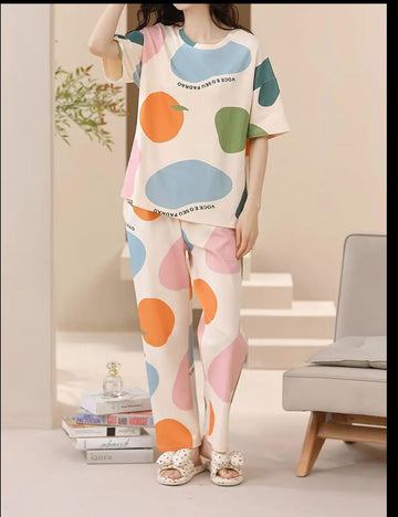 Off White Multi Orange Printed Half Sleeves PJ Set For Her