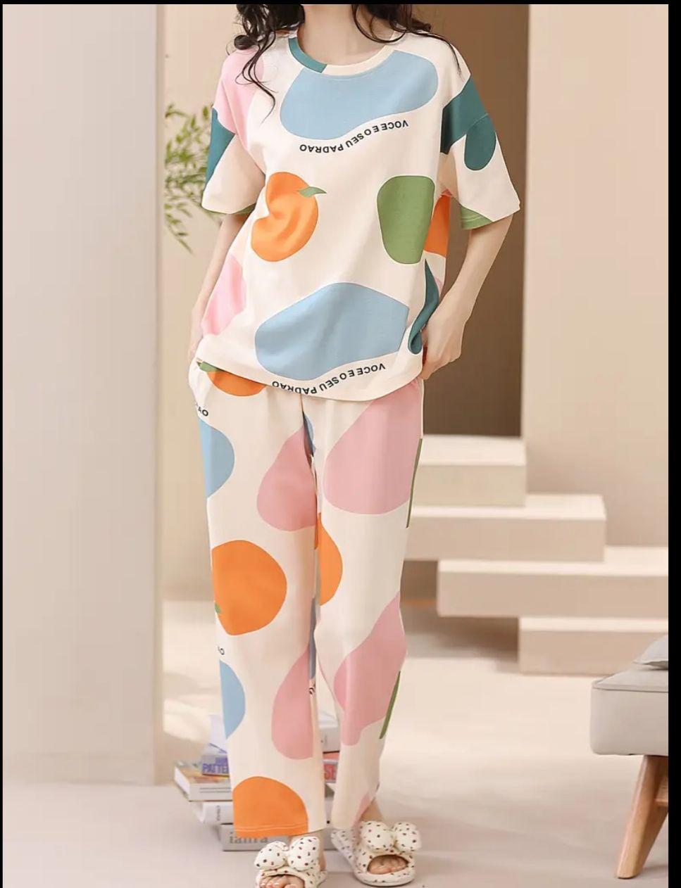 Off White Multi Orange Printed Half Sleeves PJ Set For Her