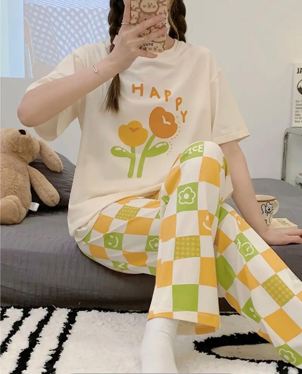 Off White Happy Flowers Printed Half Sleeves with Nice Cheq Printed PJ Set For Her