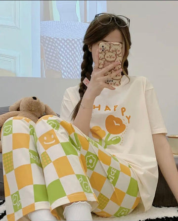 Off White Happy Flowers Printed Half Sleeves with Nice Cheq Printed PJ Set For Her