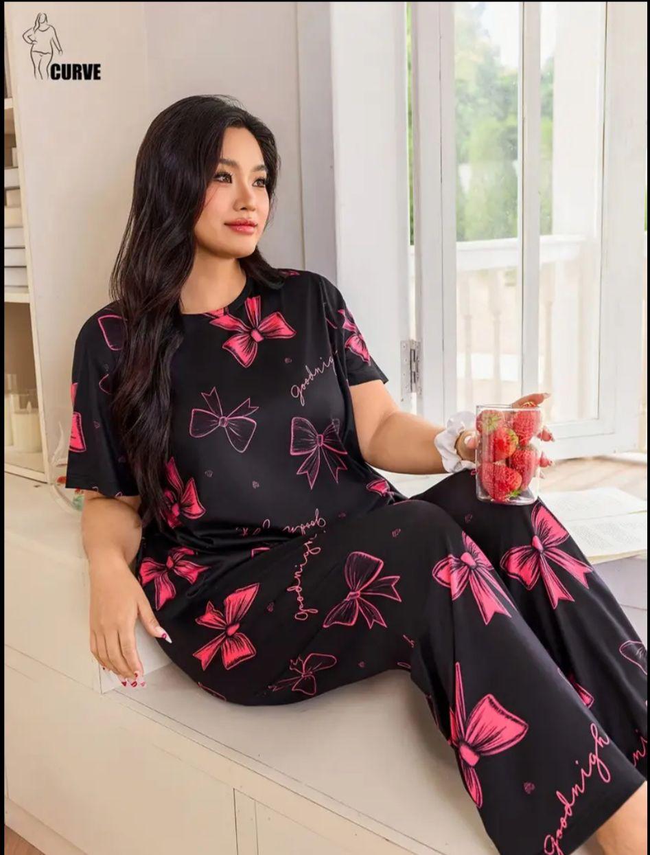 Black with Dark Pink Bow Printed Half Sleeves PJ Set For Her