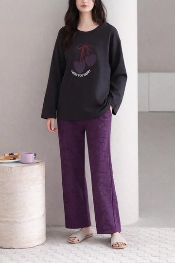 Black Wish You Happy with Purple Printed Full Sleeves PJ Set For Her