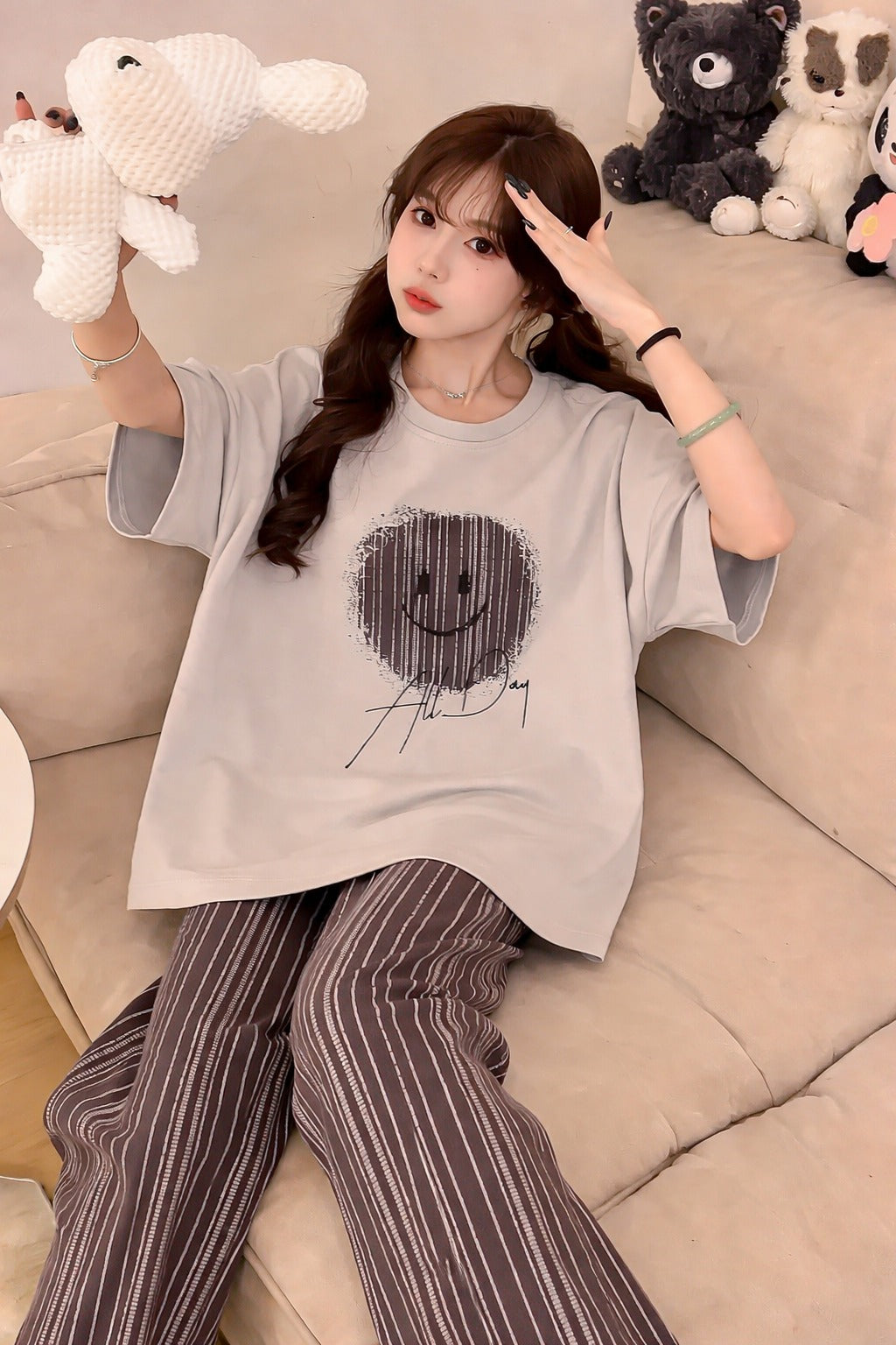 Grey Smiley Printed with Grey Lining Printed PJ Set For Her