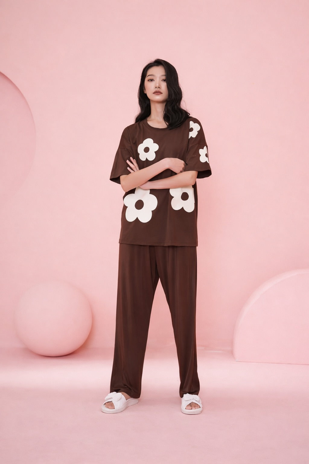 Brown Daisy Flowers Printed PJ Set For Her