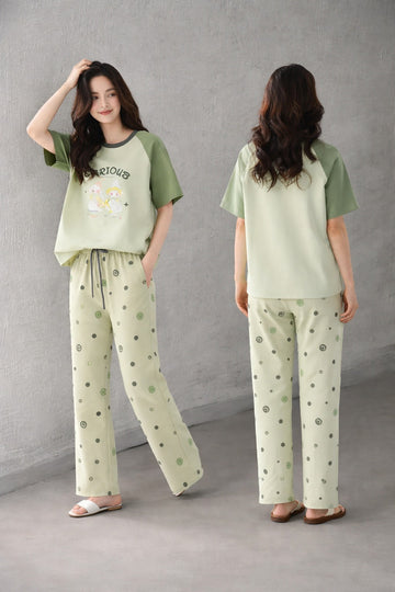 Olive Green Carious Printed PJ Set For Her