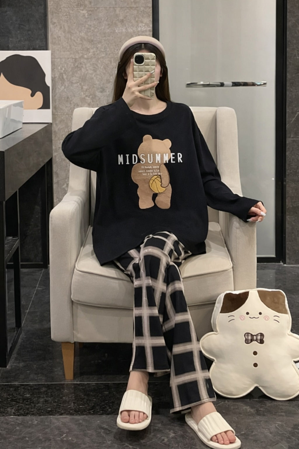 Black Summer Bear Printed with Cheq Printed Full Sleeves PJ Set For Her