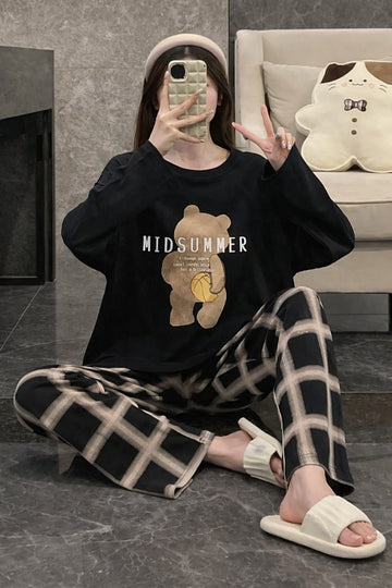 Black Summer Bear Printed with Cheq Printed Full Sleeves PJ Set For Her