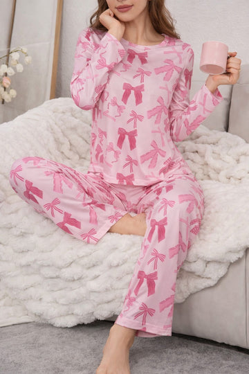 Pink All Over Bow Full Sleeves Printed PJ Set For Her