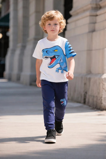 White with Blue Dino Printed Half Sleeves Kids Suit