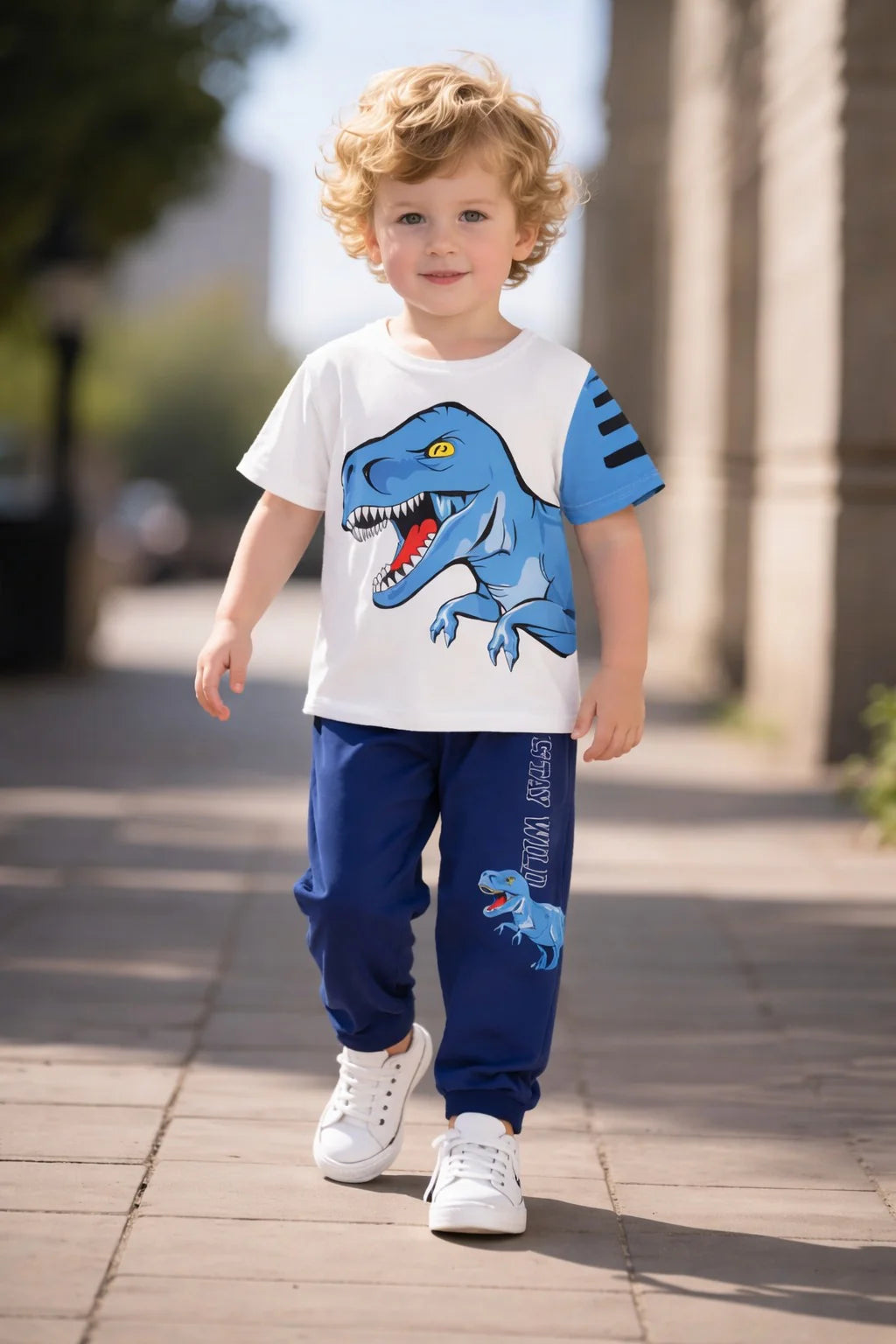 White with Blue Dino Printed Half Sleeves Kids Suit