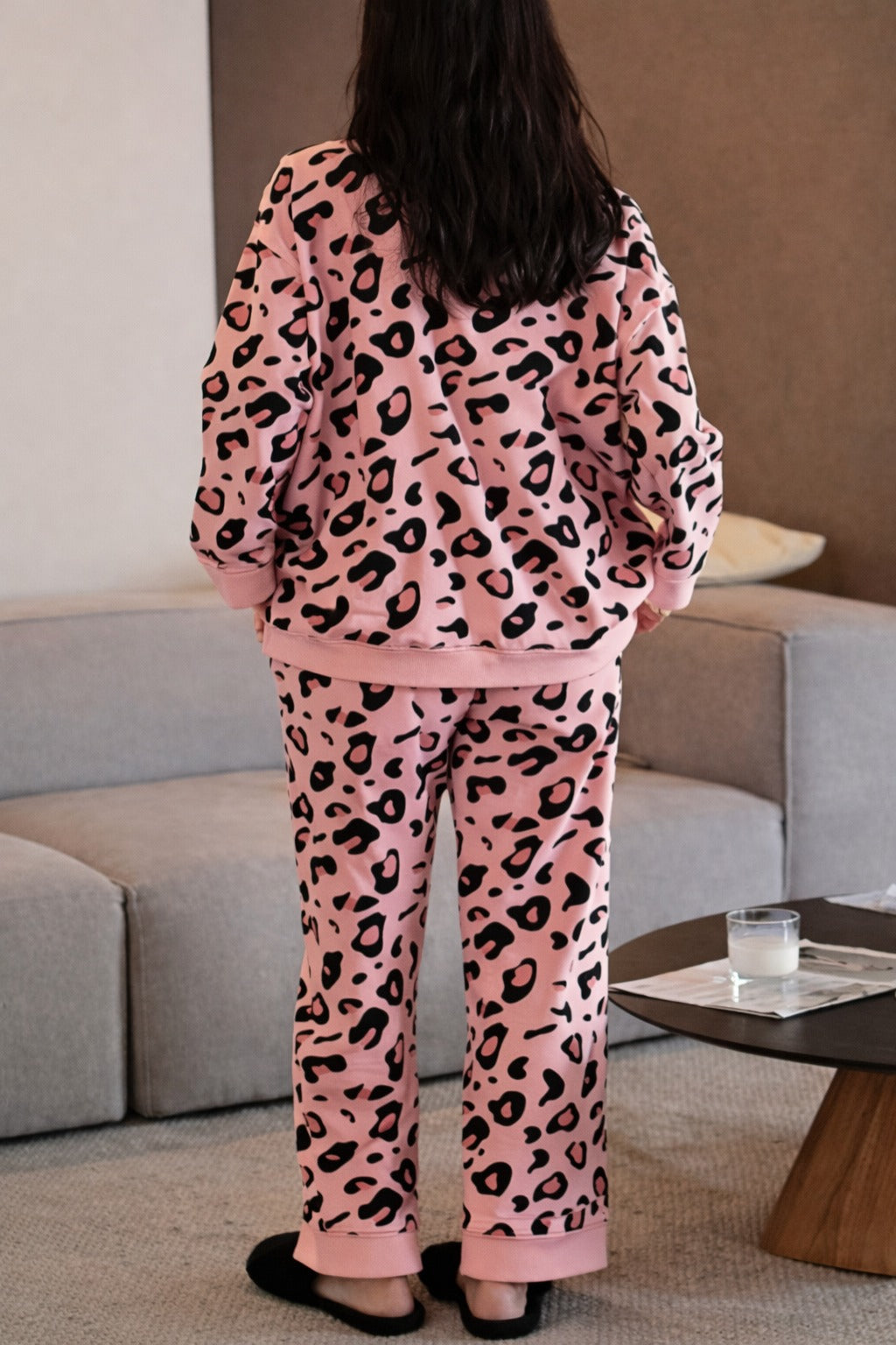 Baby Pink with Cheetah Printed V-Neck Button Printed PJ Set For Her