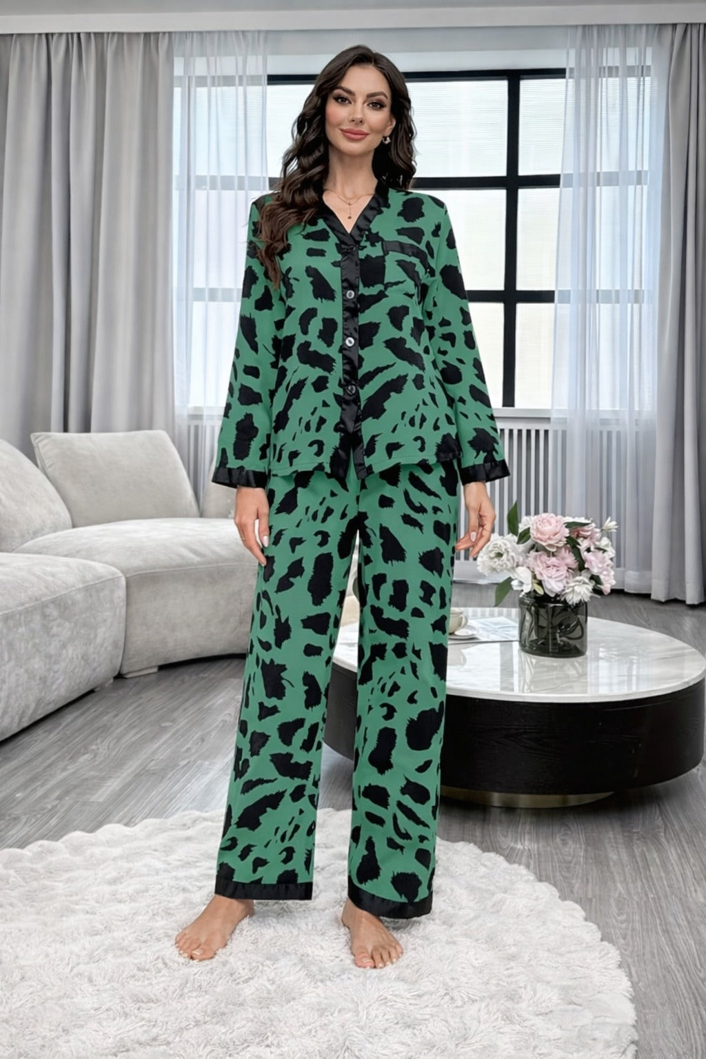 Dark Green with Cheetah Printed V-Neck Button Printed PJ Set For Her