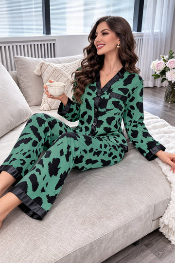 Dark Green with Cheetah Printed V-Neck Button Printed PJ Set For Her