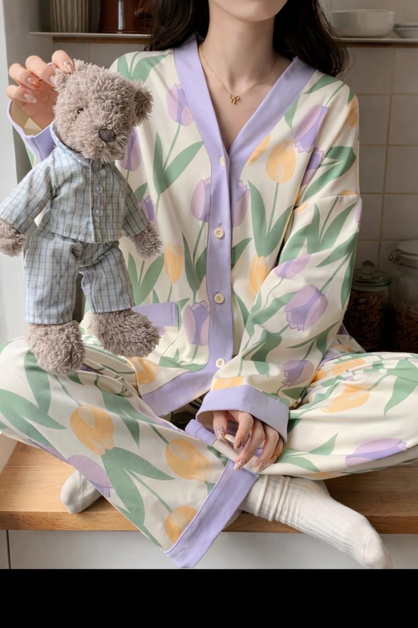 Off White with Multi Flowers Printed V-Neck Button Printed PJ Set For Her