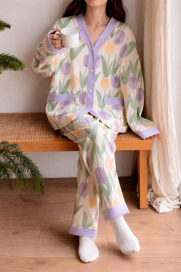 Off White with Multi Flowers Printed V-Neck Button Printed PJ Set For Her
