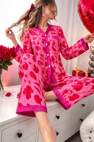 Pink With Dark Pink Cheetah Printed V-Neck Button Printed PJ Set For Her