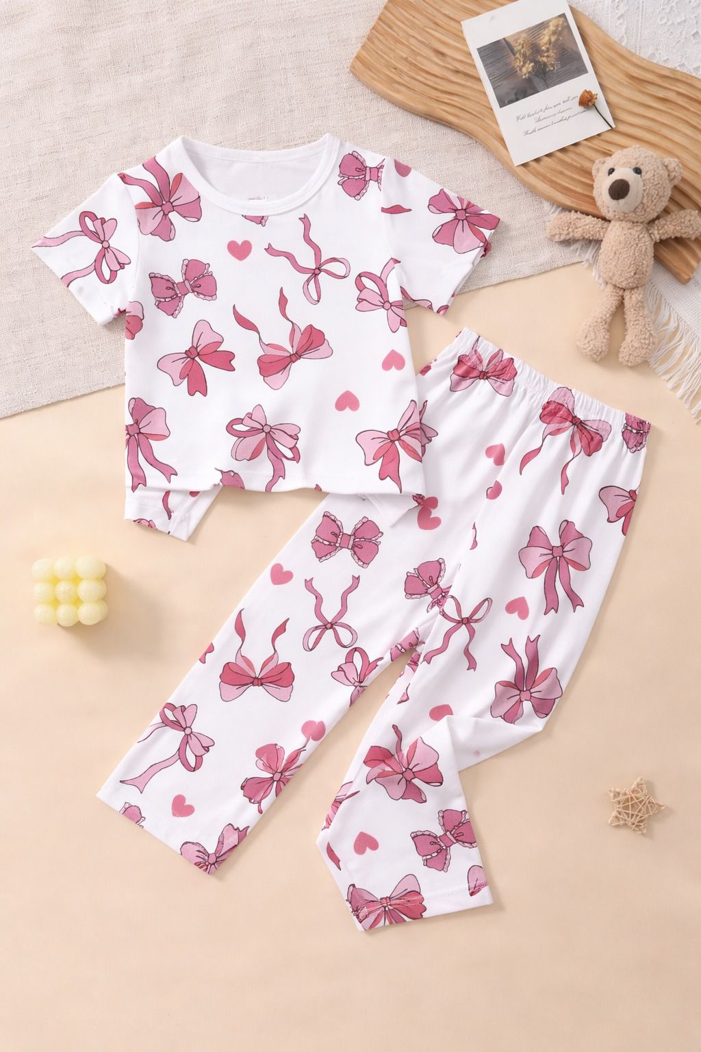 White with Pink Bow Printed Half Sleeves Kids Suit