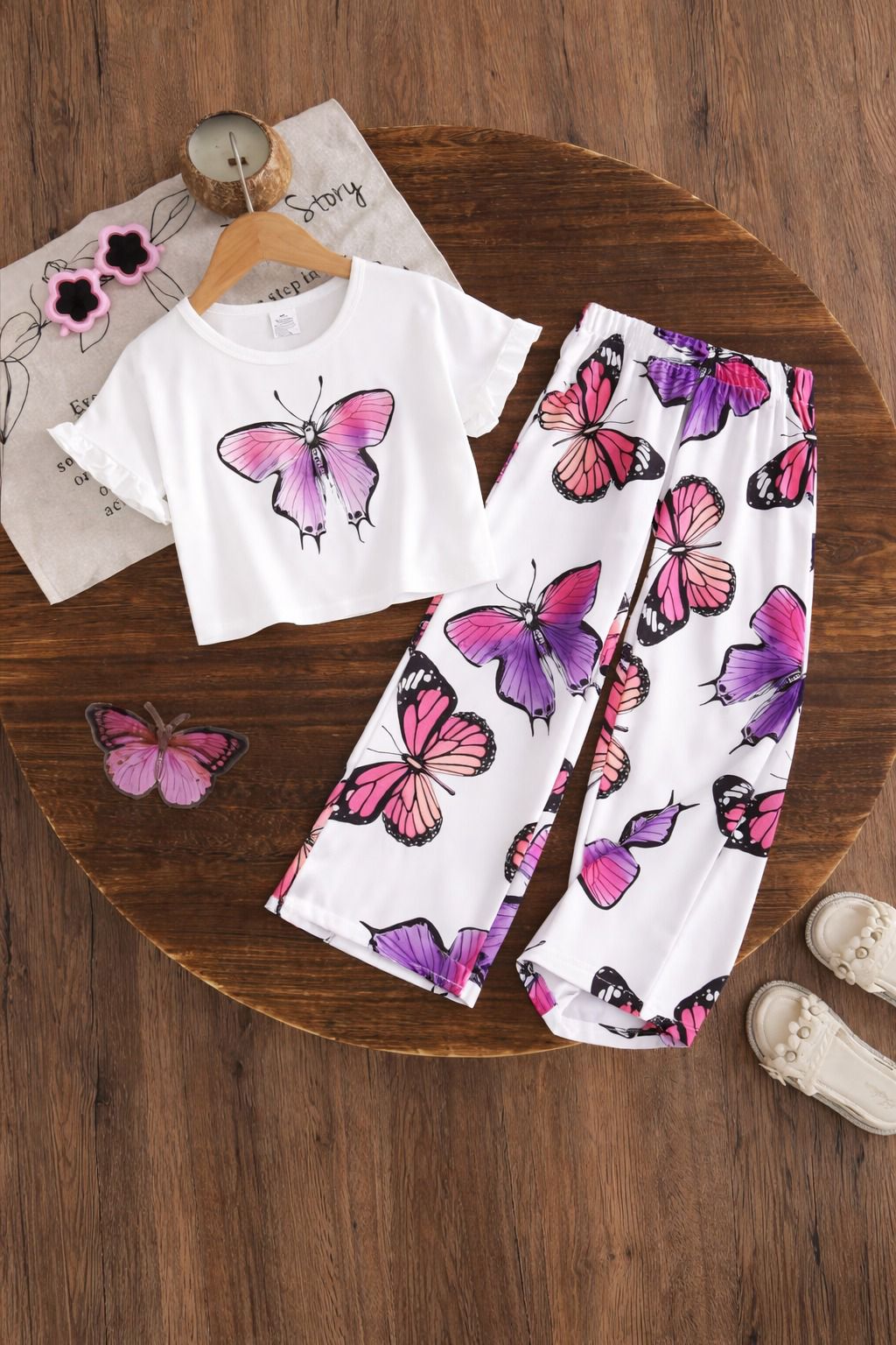 White Multi Butterfly Printed Half Sleeves Kids Suit
