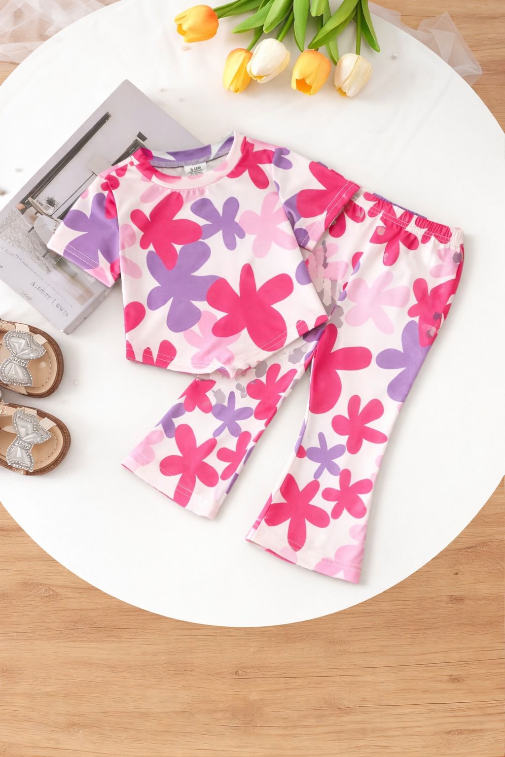 Off Whtie Multi Flowers Printed Half Sleeves Kids Suit