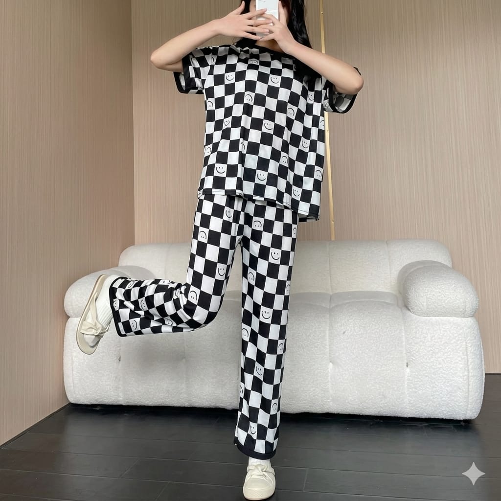 Off White with Black Cheq Smiley Half Sleeves Printed PJ Set For Her