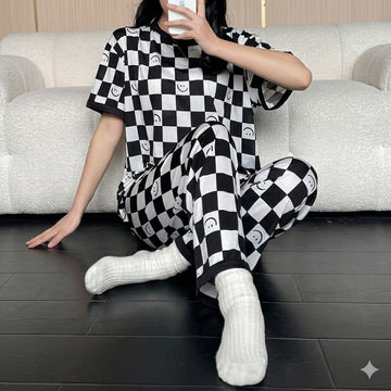 Off White with Black Cheq Smiley Half Sleeves Printed PJ Set For Her